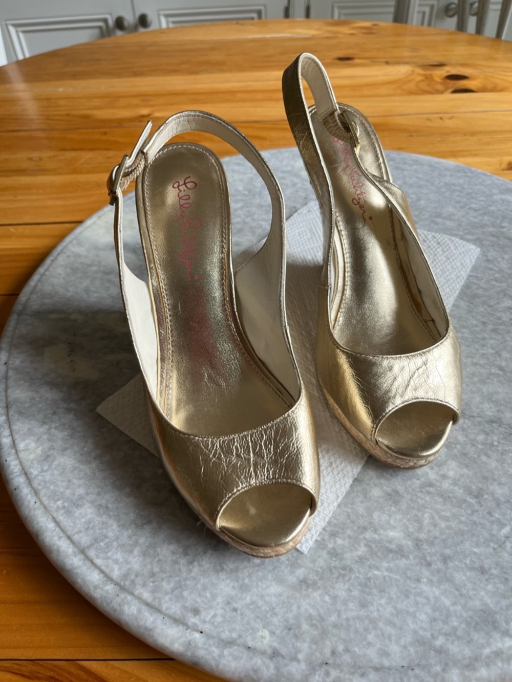 Lilly Pulitzer Gold Wedge Sandals with Braided Espadrille Heel